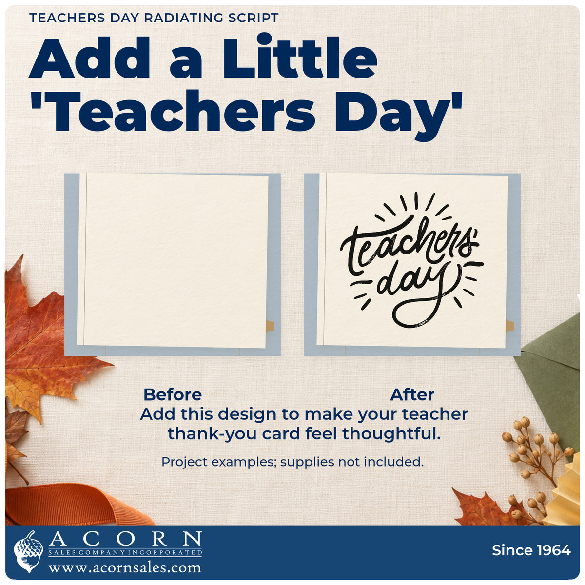 Before and after of a plain item finished with the Teachers Day Radiating Script Lettering Stamp – Premium Vintage Pro Wooden, a quick upgrade for posy wrap seals.