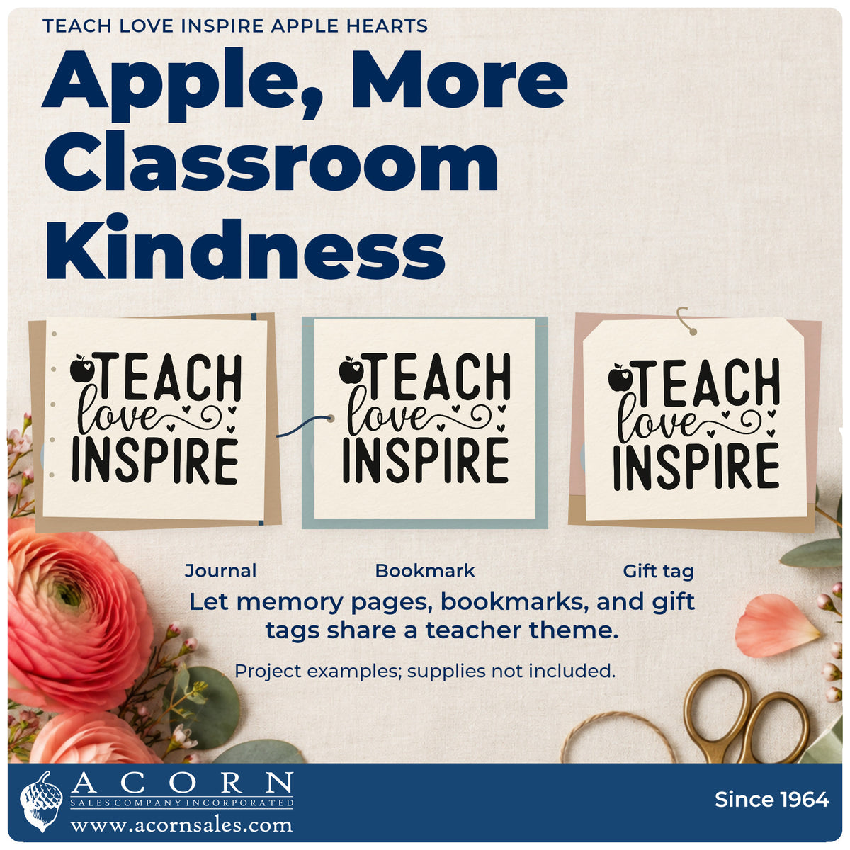 Three project examples made with the Apple Hearts Teach Love Inspire Compact Pre-Inked Stamp – Slim, including herb pot labels.