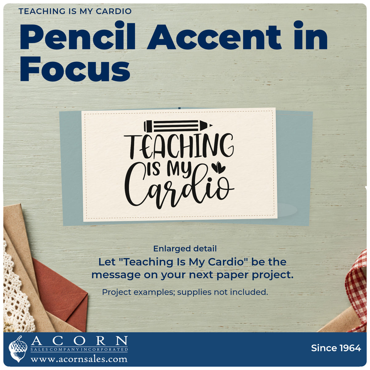 Enlarged detail of the Teaching Is My Cardio Pencil And Heart Pre-Inked Stamp – PSI imprint. A horizontal pencil tops "Teaching Is My Cardio" beside a small heart.