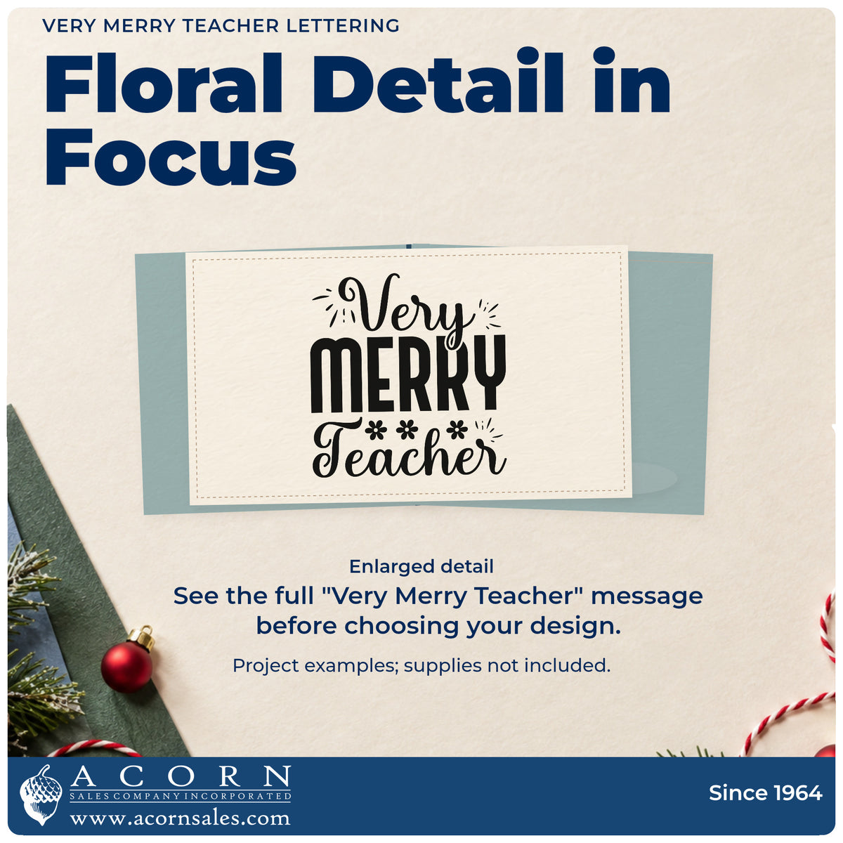 Enlarged detail of the Very Merry Teacher Stamp – Self-Inking imprint. “Very Merry Teacher” is decorated with flower-like asterisks and celebratory strokes.