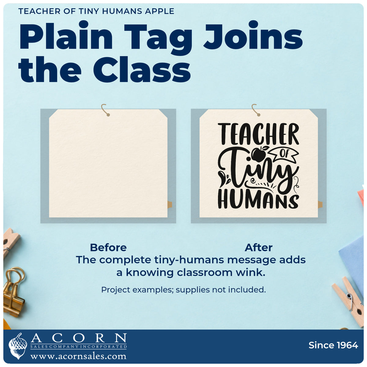 Before and after of a plain item finished with the Teacher Of Tiny Humans Apple Self-Inking Stamp, a quick upgrade for gift box seals.