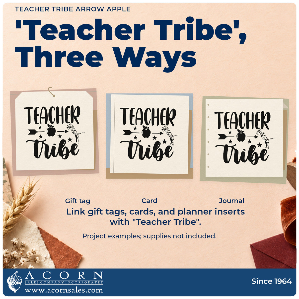 Three project examples made with the Teacher Tribe Arrow Apple With Stars Pre-Inked Stamp – Slim, including kit crate labels.