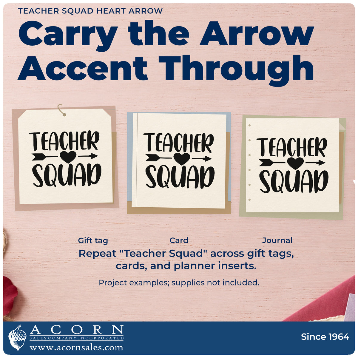 Three project examples made with the Heart And Arrow Teacher Squad Compact Pre-Inked Stamp – Slim, including shared store labels.