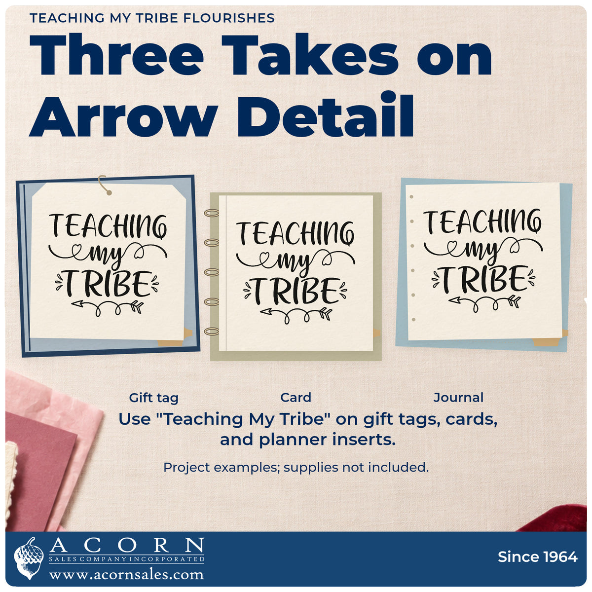 Three project examples made with the Teaching My Tribe Wood-Mounted Rubber Stamp, including trophy base labels.