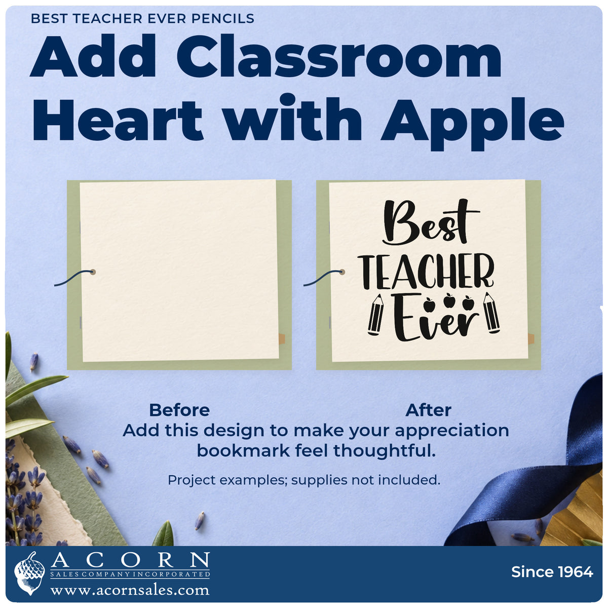 Before and after of a plain item finished with the Best Teacher Ever Pencils Apple Stamp – Premium Vintage Pro Wooden, a quick upgrade for card stack seals.