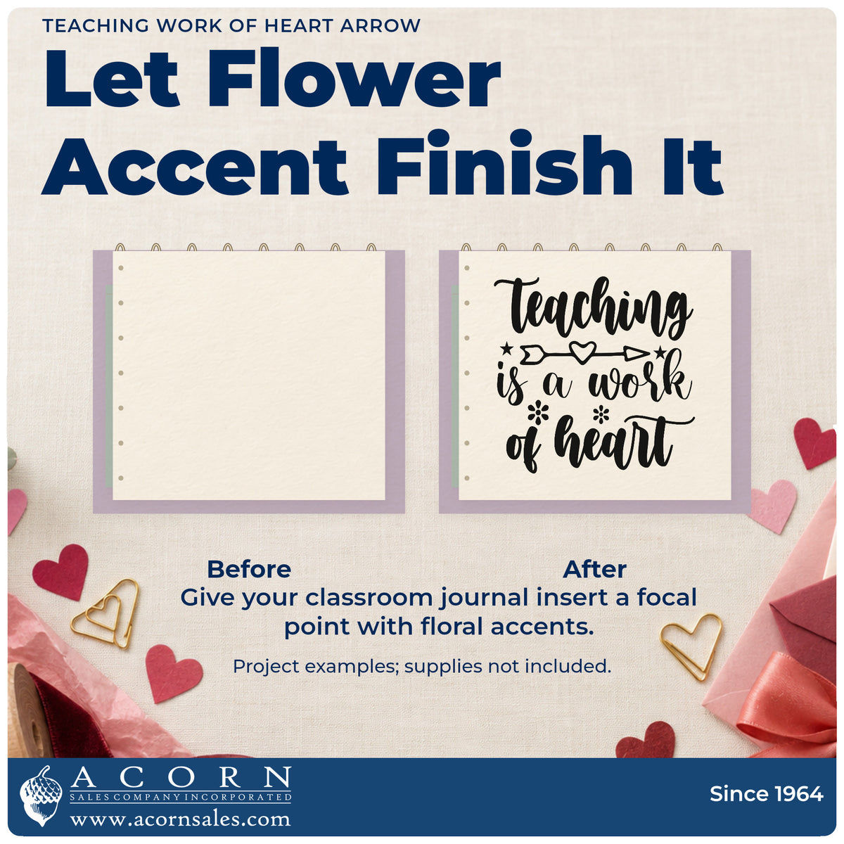 Before and after of a plain item finished with the PSI Pre-Inked Teaching Work Of Heart Arrow Floral Accents Stamp, a quick upgrade for seedling bag seals.