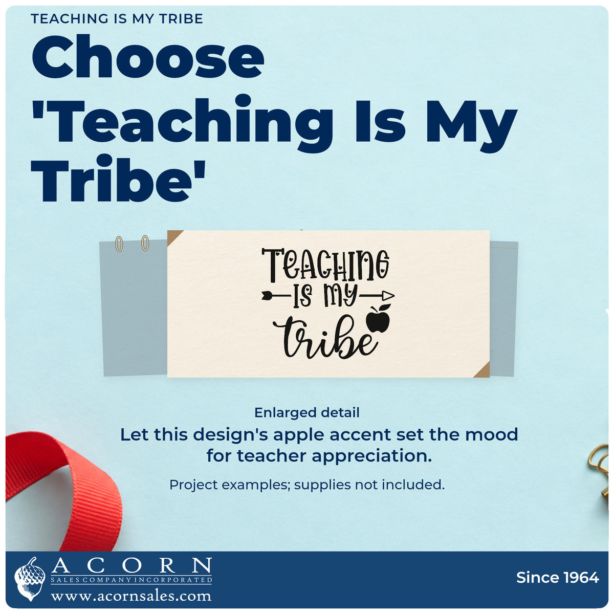 Enlarged detail of the Wood Handle Teaching Is My Tribe Apple Rubber Stamp imprint. “Teaching Is My Tribe” is accented with an arrow and apple.