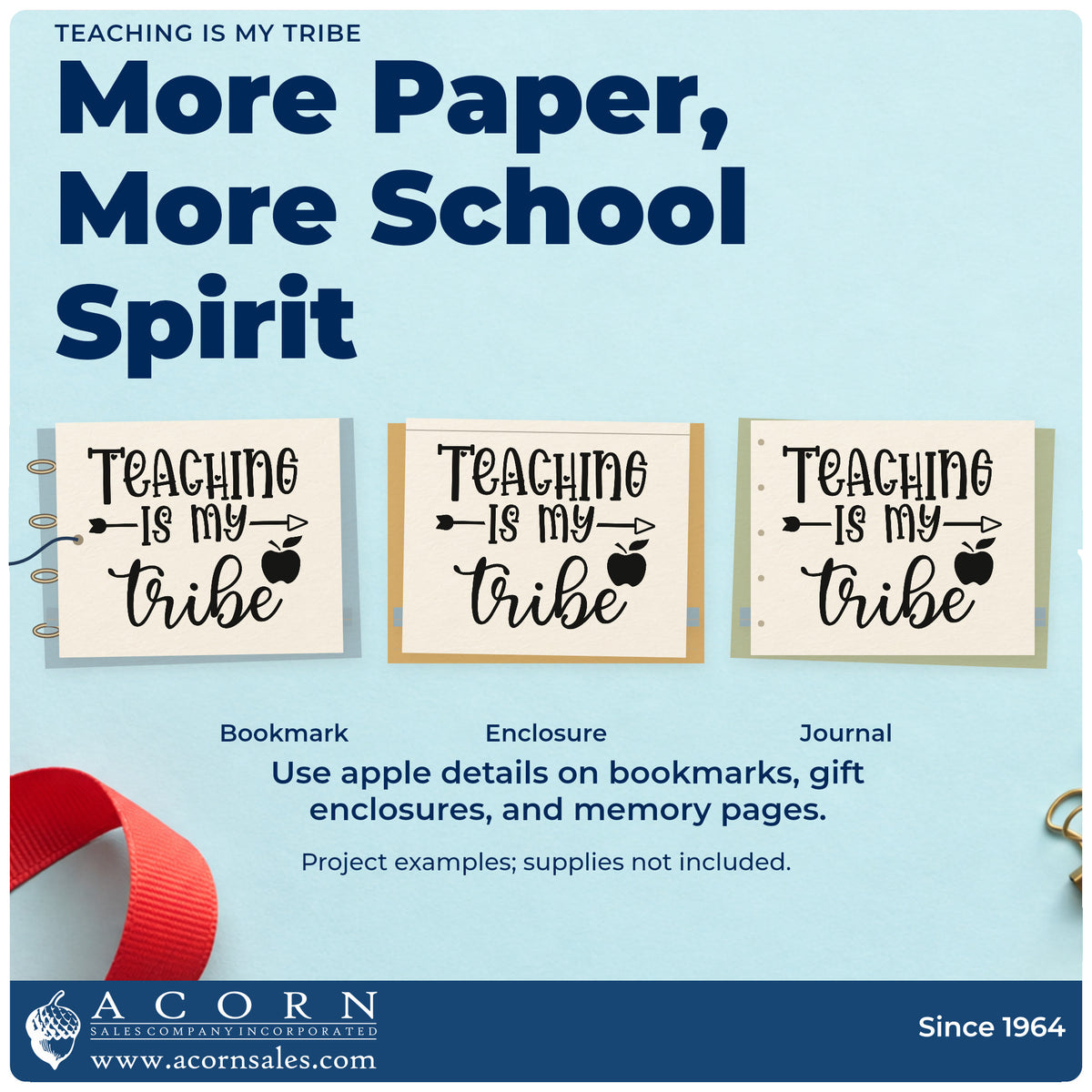 Three project examples made with the Teaching Is My Tribe Apple PSI Pre-Inked Stamp, including resource shelf labels.