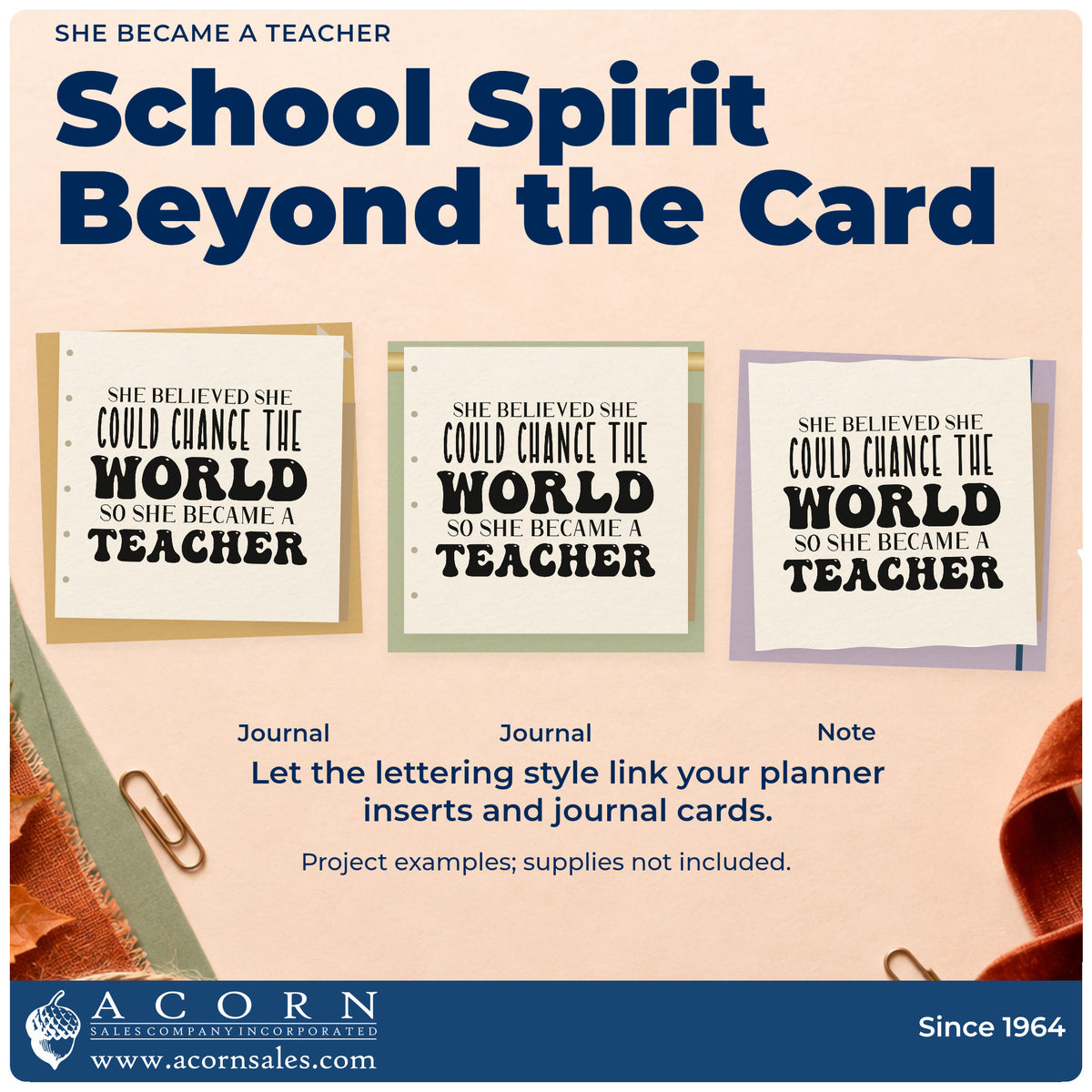 Three project examples made with the She Became A Teacher Stamp – PSI Pre-Inked, including study desk labels.