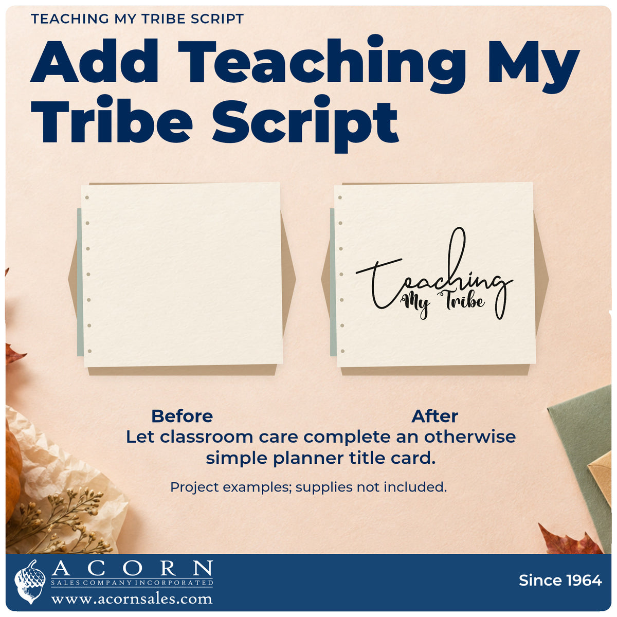 Before and after of a plain item finished with the Teaching My Tribe Script Slim Pre-Inked Stamp, a quick upgrade for vellum wrap seals.