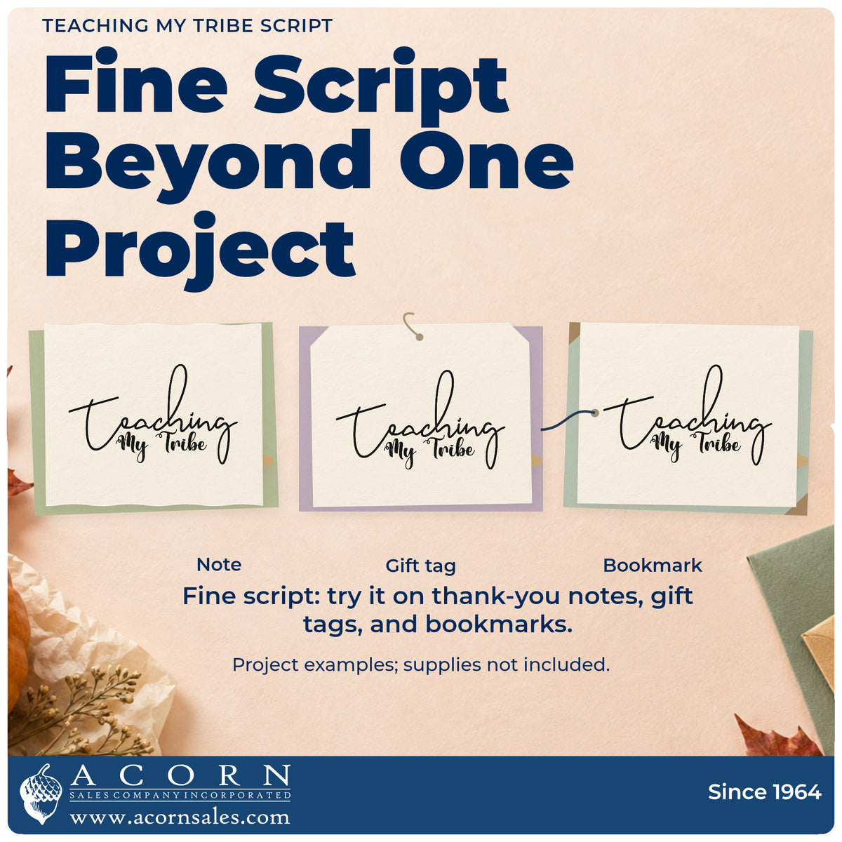 Three project examples made with the Teaching My Tribe Script Slim Pre-Inked Stamp, including slim spine labels.