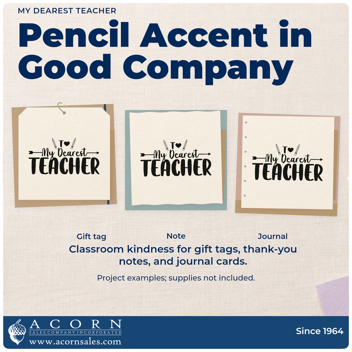 Three project examples made with the Duo Hand My Dearest Teacher Rubber Stamp, including stamp book labels.