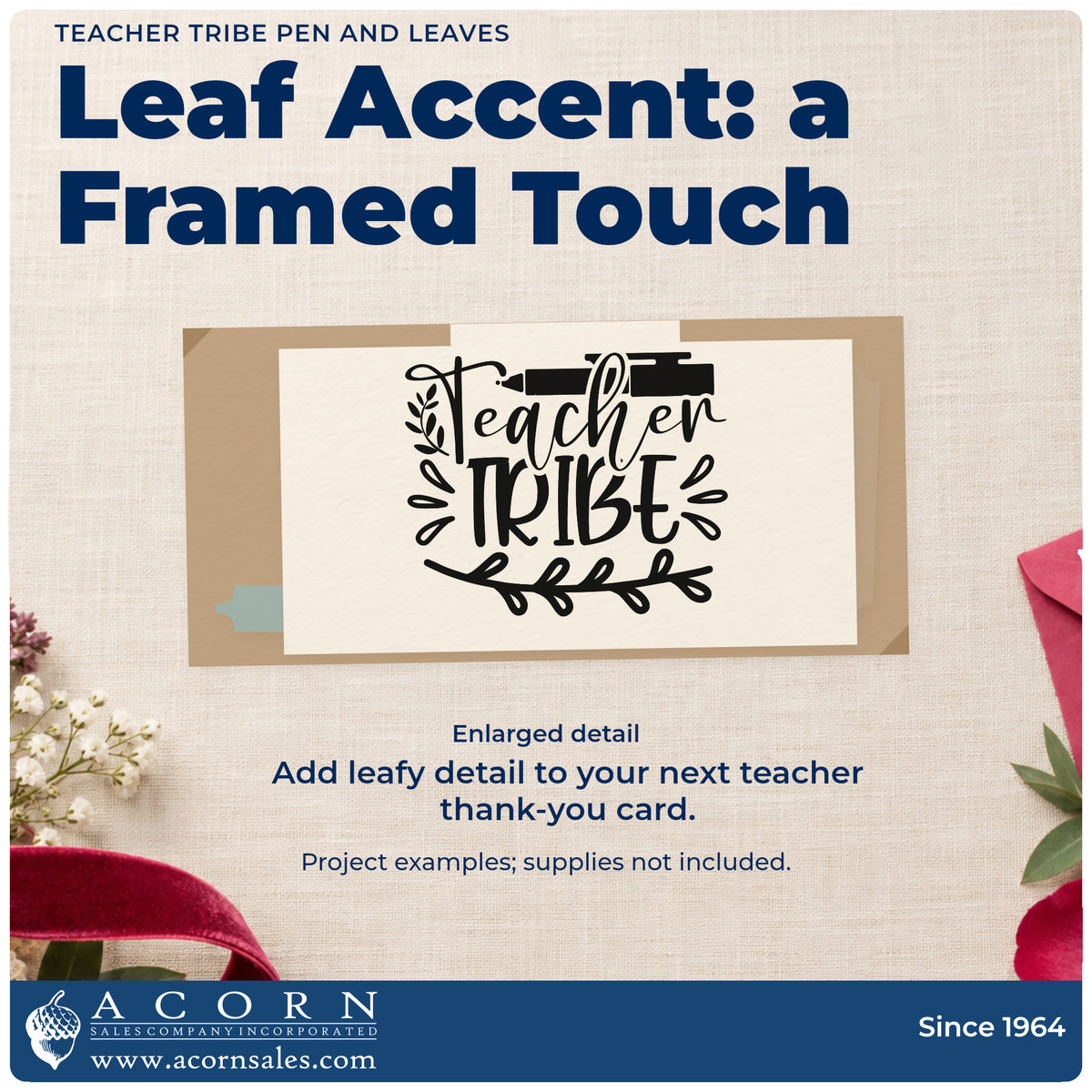 Enlarged detail of the Teacher Tribe Pen And Leaves Leafy Branches Stamp – Self-Inking imprint. “Teacher Tribe” is framed by leafy branches and a horizontal pen above.