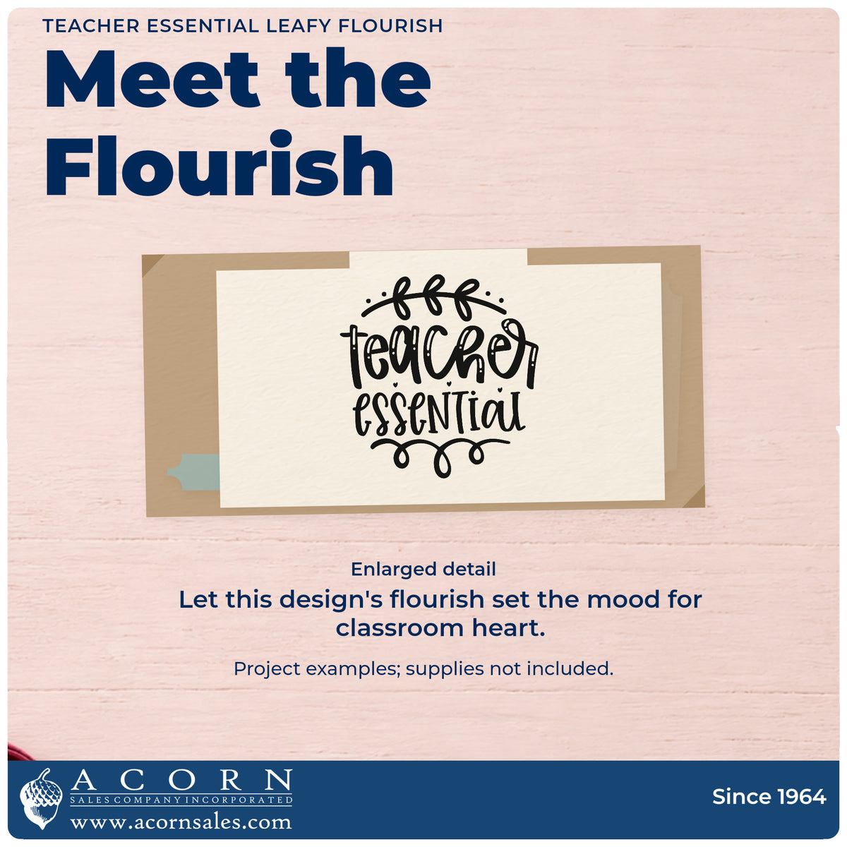 Enlarged detail of the Teacher Essential Leafy Flourish Wood Handle Stamp imprint. “Teacher Essential” is framed by a leafy arch and looping flourish below.