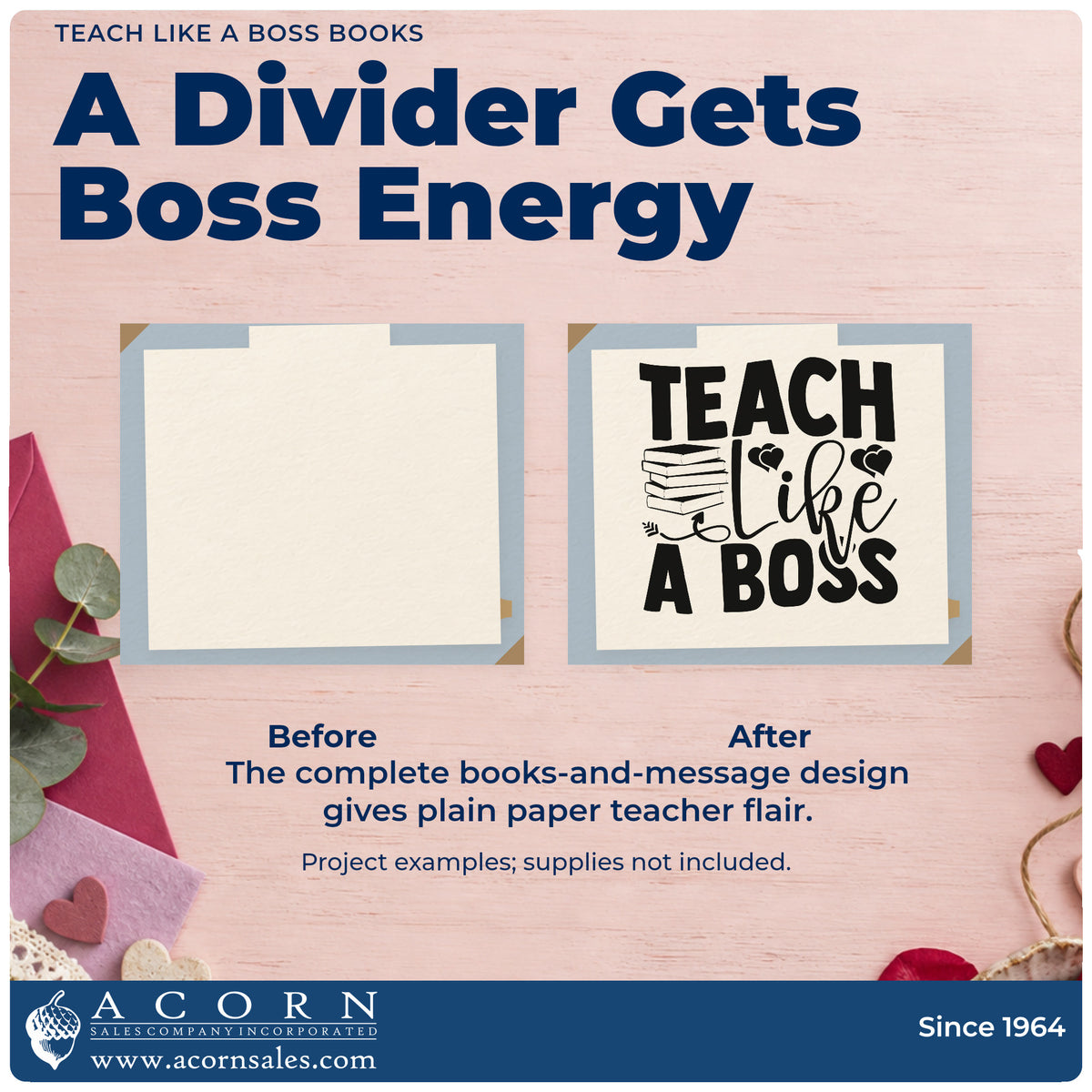 Before and after of a plain item finished with the Teach Like A Boss Books PSI Pre-Inked Stamp, a quick upgrade for bookplate seals.