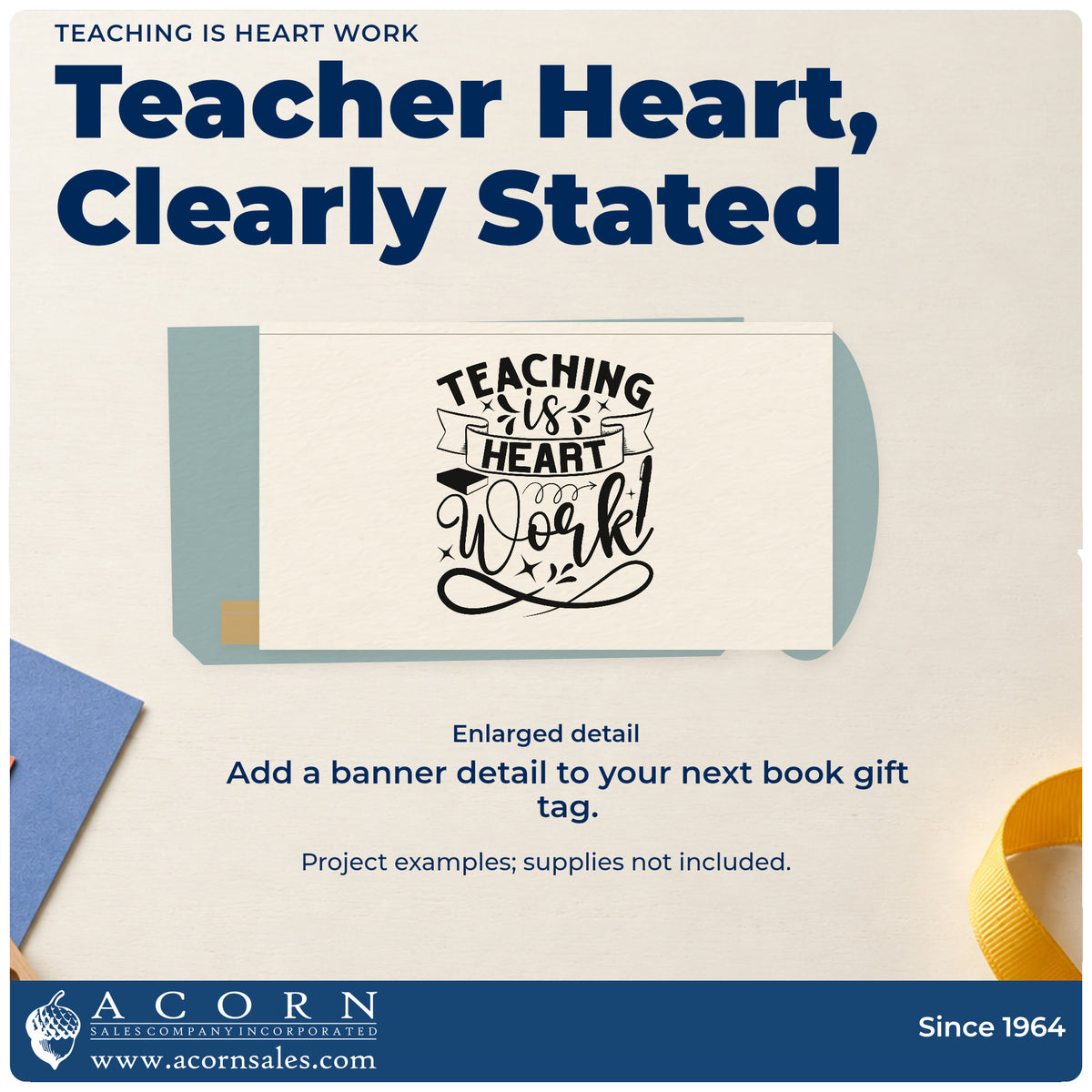 Enlarged detail of the Teaching Is Heart Work Self-Inking Craft Stamp imprint. “Teaching Is Heart Work” features a ribbon banner, heart, stars, and sweeping flourishes.