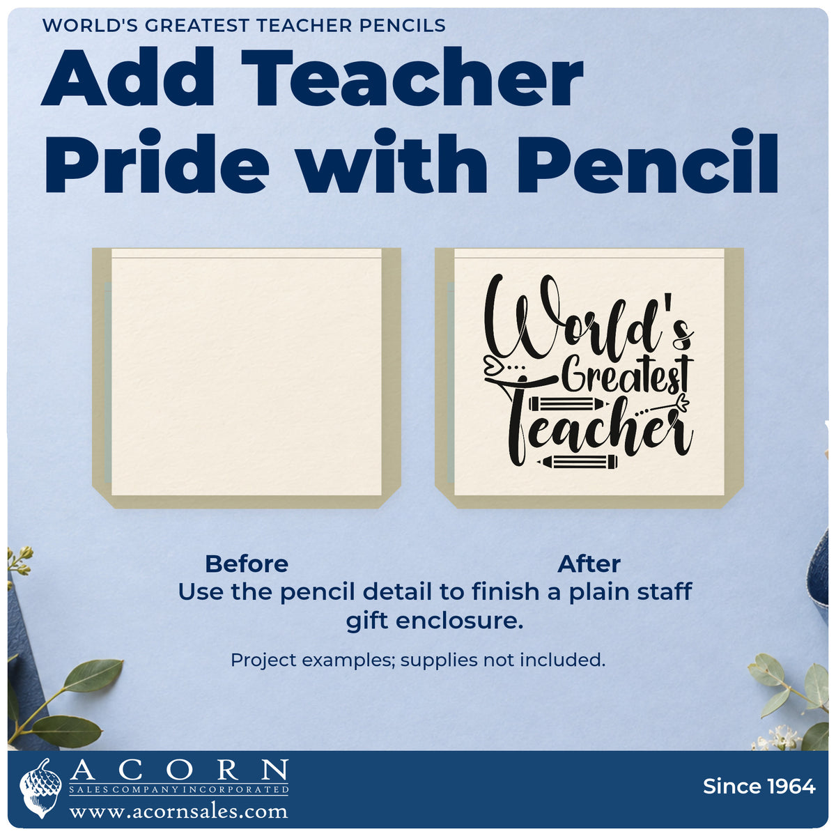 Before and after of a plain item finished with the World's Greatest Teacher Pencils Premium Wooden Stamp – Vintage Pro, a quick upgrade for nomination seals.