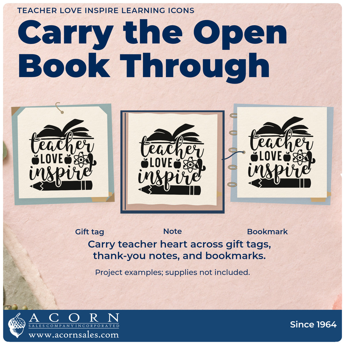 Three project examples made with the Teacher Love Inspire Learning Icons Premium Wooden Stamp – Vintage Pro, including sample tray labels.