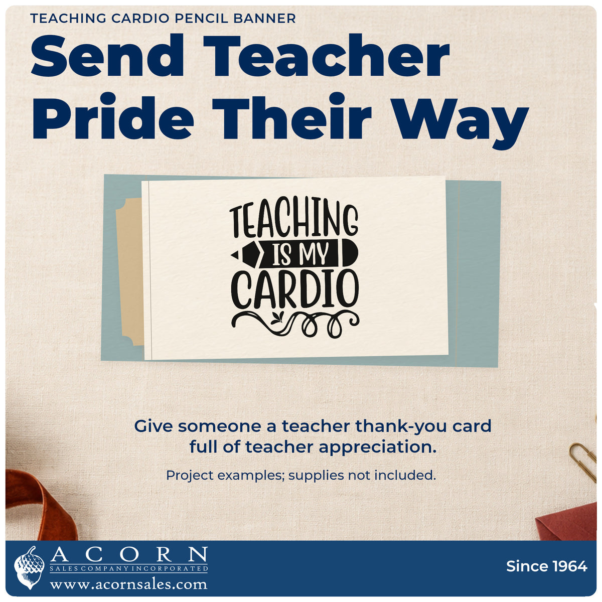 A finished handmade project stamped with the Teaching Cardio Pencil Banner Lettering Flourish Hand Stamp – Duo, ideal for fixture list tags.