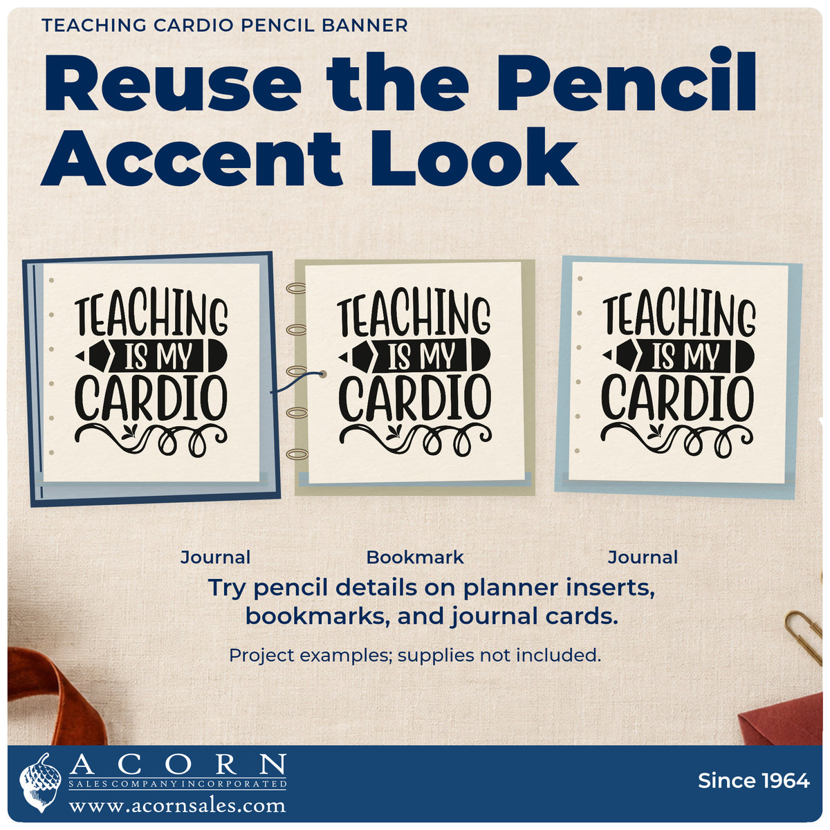 Three project examples made with the Teaching Cardio Pencil Banner Lettering Flourish Hand Stamp – Duo, including kit basket labels.