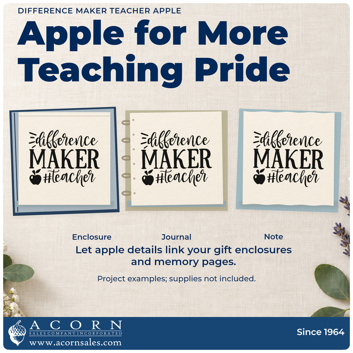 Three project examples made with the Teacher Difference Maker Apple Motif Rubber Stamp – Wood Handle, including merch tub labels.