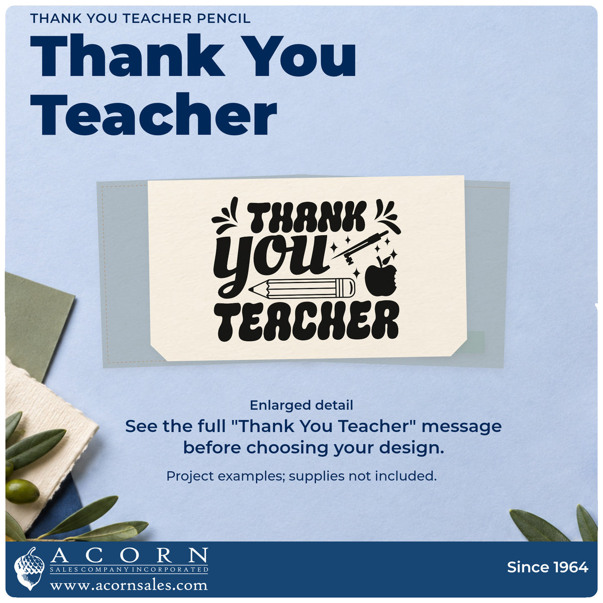 Enlarged detail of the Thank You Teacher Pencil Leaf Accents Pre-Inked Stamp – Slim imprint. “Thank You Teacher” is decorated with a pencil, apple, stars, and leafy strokes.