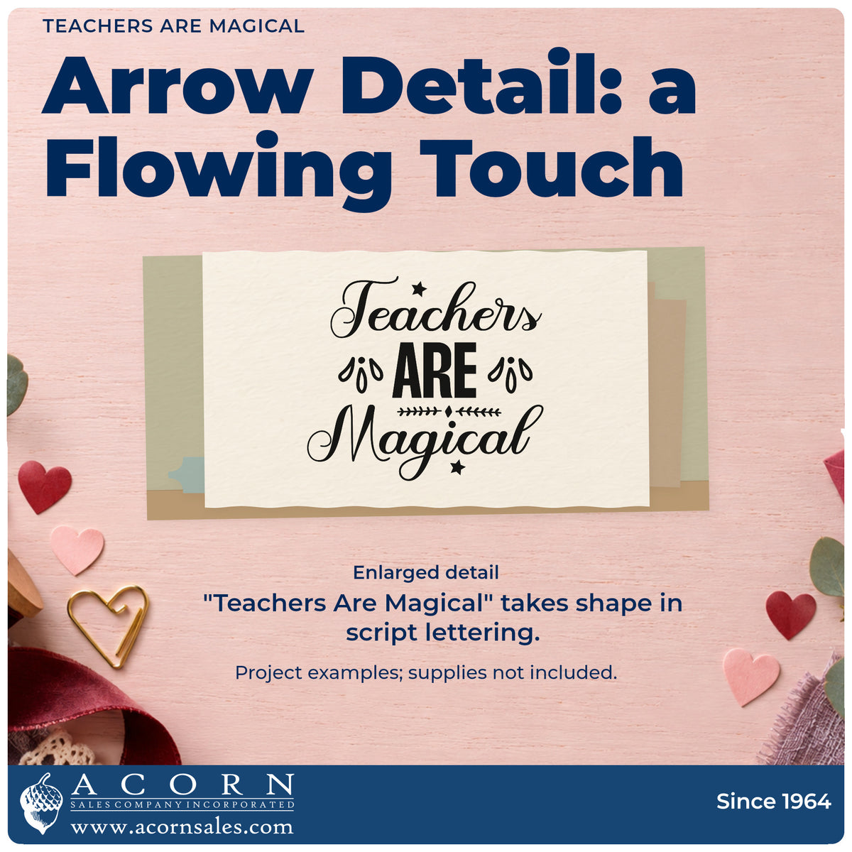 Enlarged detail of the Teachers Are Magical Premium Wooden Stamp – Vintage Pro imprint. “Teachers Are Magical” combines script and capitals with leaves, an arrow-like ornament, and a star.