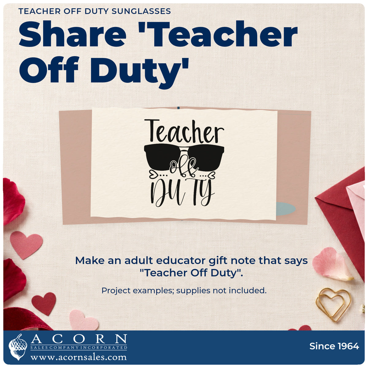 A finished handmade project stamped with the Teacher Off Duty Sunglasses With Hearts Stamp – Premium Vintage Pro Wooden, ideal for holiday kit tags.