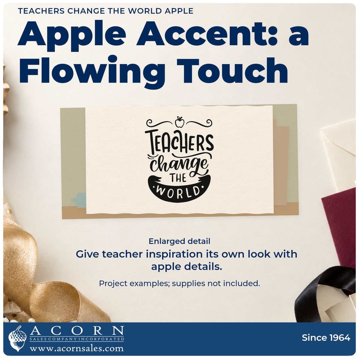 Enlarged detail of the Teachers Change The World Apple Ribbon Lettering Hand Stamp – Duo imprint. “Teachers Change the World” features an apple, curled flourishes, and a dark banner.