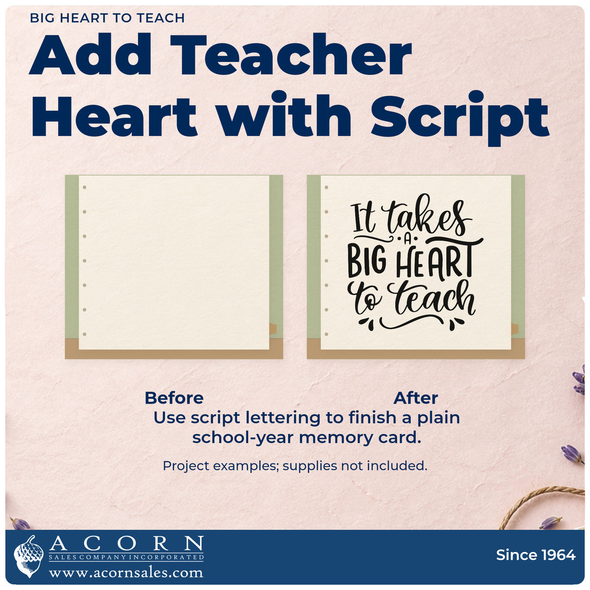 Before and after of a plain item finished with the It Takes A Big Heart To Teach Stamp – Wood Handle, a quick upgrade for nominee pack seals.