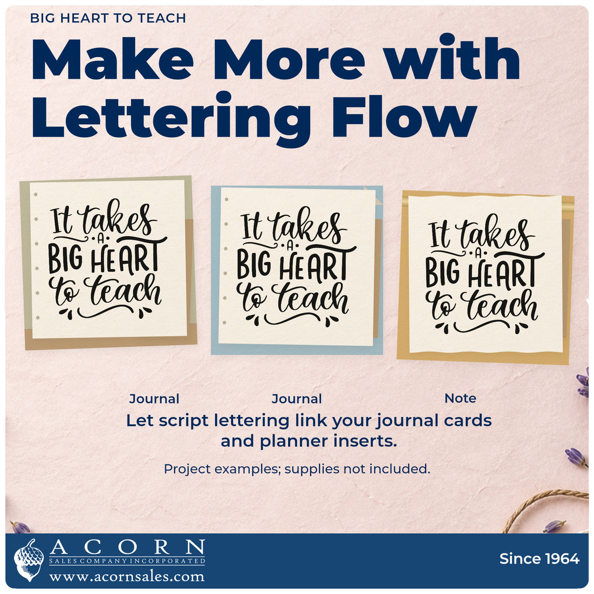 Three project examples made with the It Takes A Big Heart To Teach Rubber Stamp – Duo Hand, including plinth front labels.