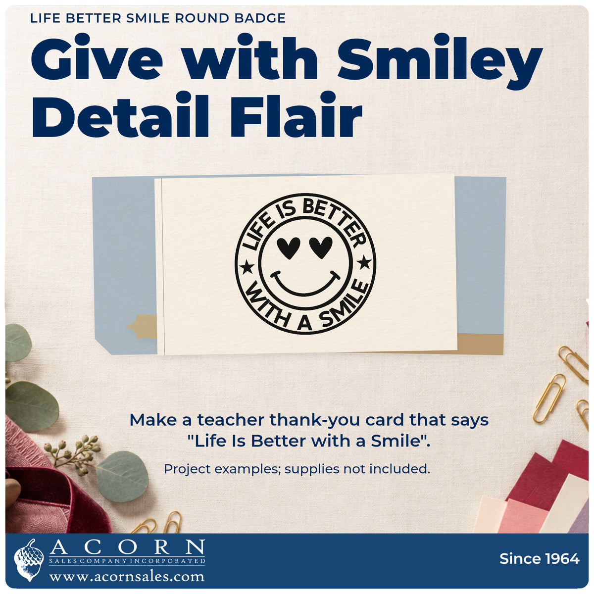 A finished handmade project stamped with the Life Better Smile Round Emblem Self-Inking Stamp, ideal for smile chart tags.