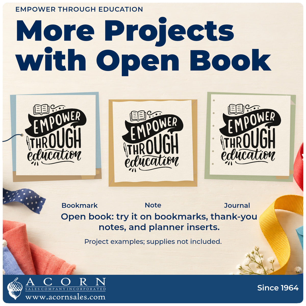 Three project examples made with the Empower Through Education Slim Pre-Inked Stamp, including fund box labels.
