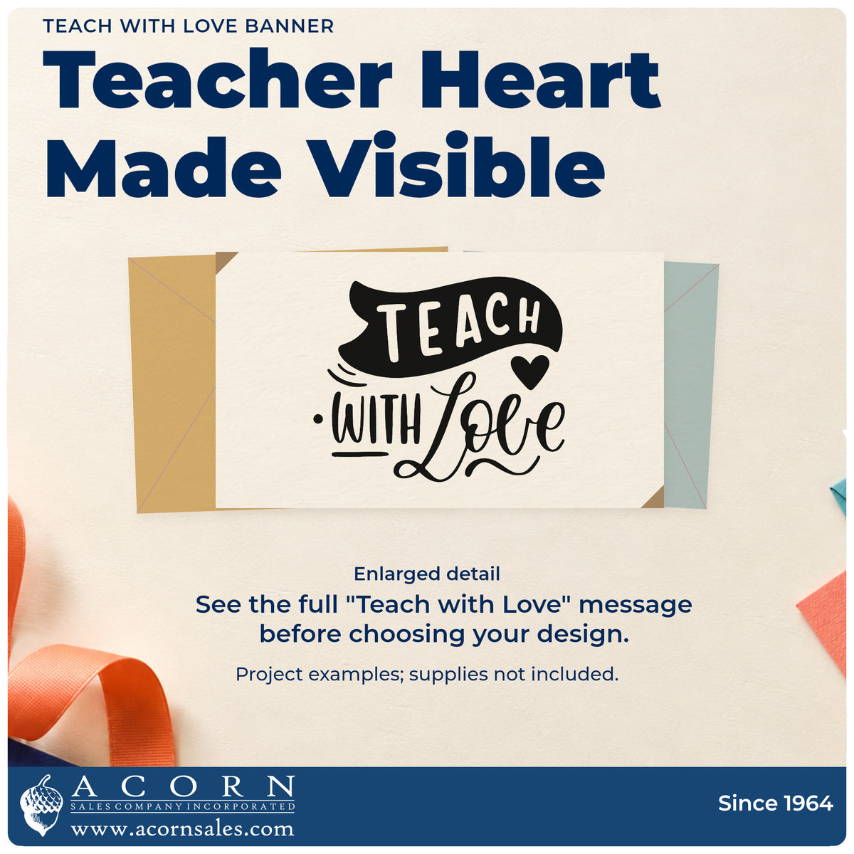 Enlarged detail of the Teach With Love Banner Stamp – Wood Handle imprint. “Teach with Love” features a curved dark banner and a solid heart.