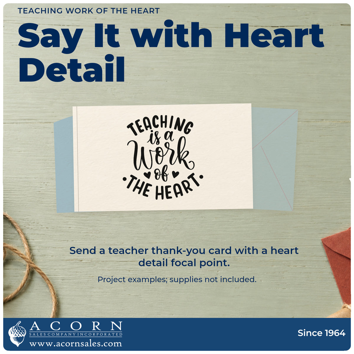 A finished handmade project stamped with the Teaching Work Of The Heart PSI Pre-Inked Stamp, ideal for arch display tags.