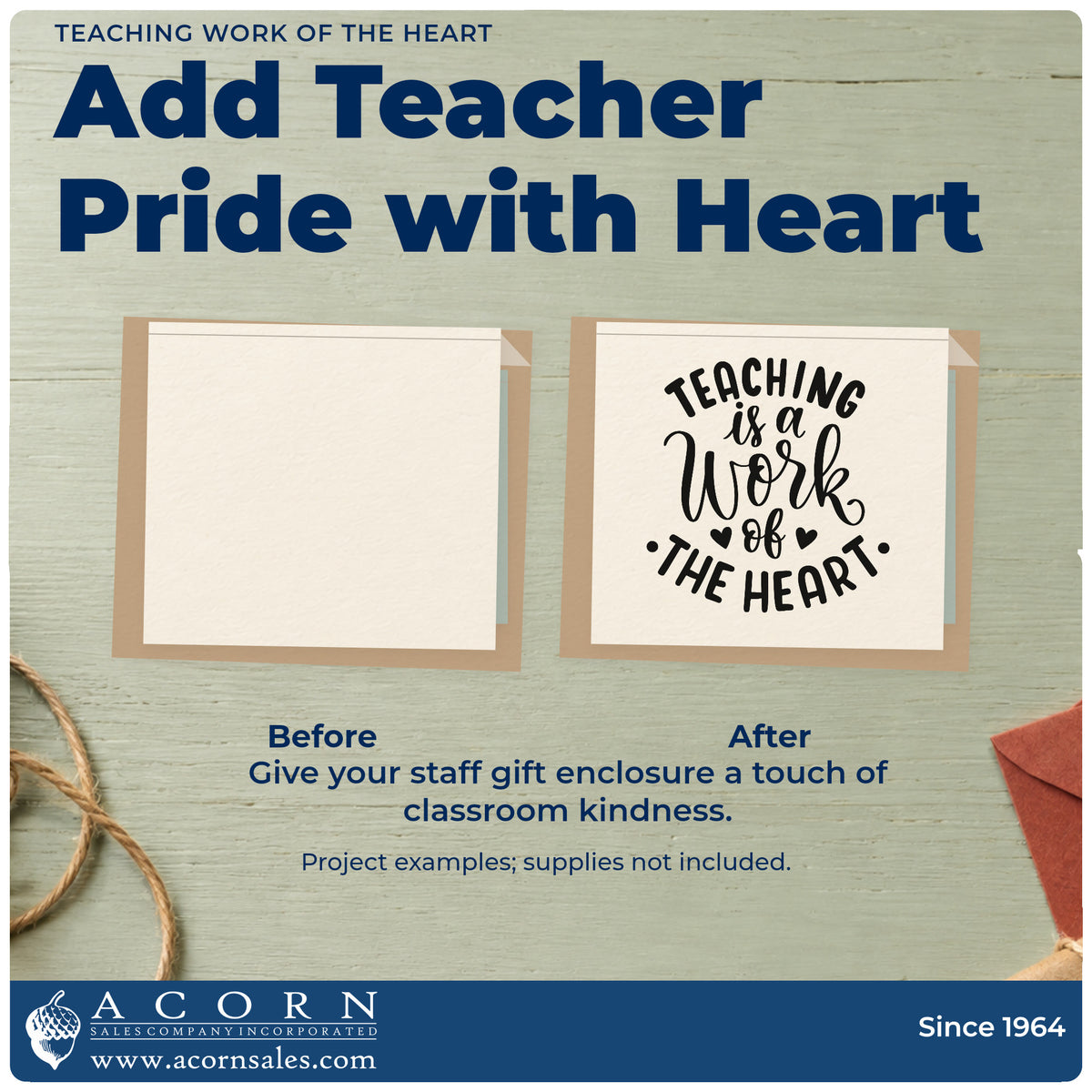 Before and after of a plain item finished with the Teaching Work Of The Heart Rubber Stamp – Duo Hand, a quick upgrade for fan fold seals.