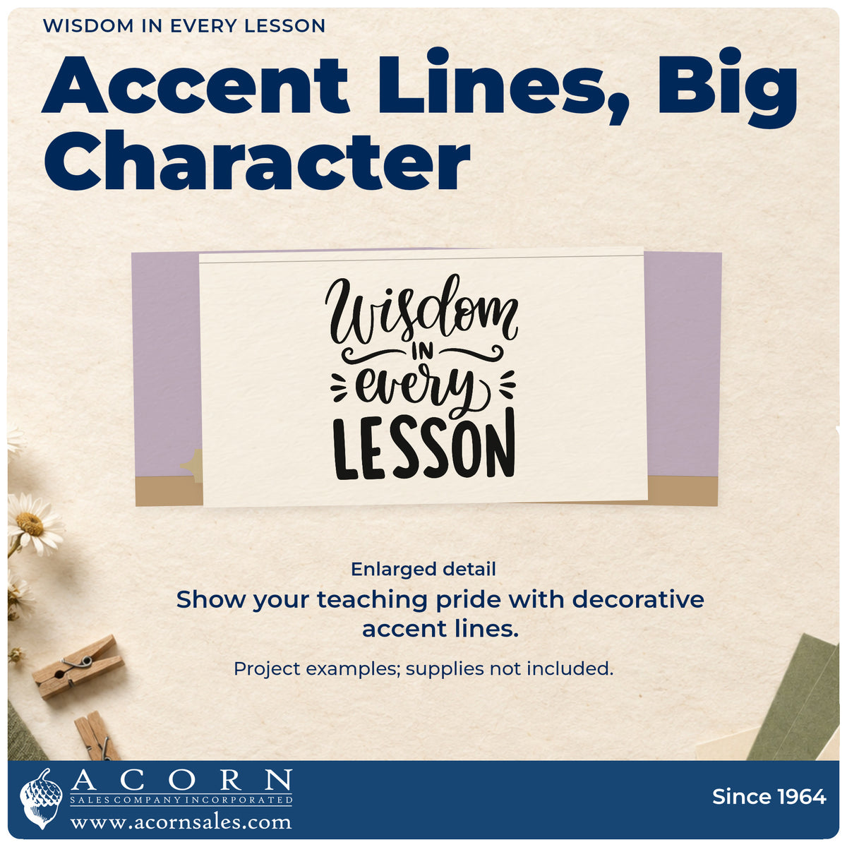 Enlarged detail of the Wisdom In Every Lesson Stamp – PSI Pre-Inked imprint. “Wisdom in Every Lesson” pairs flowing script and bold capitals with decorative strokes.