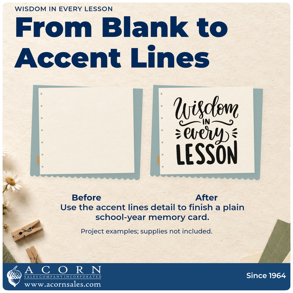 Before and after of a plain item finished with the Wisdom In Every Lesson Premium Wooden Stamp – Vintage Pro, a quick upgrade for moderation seals.
