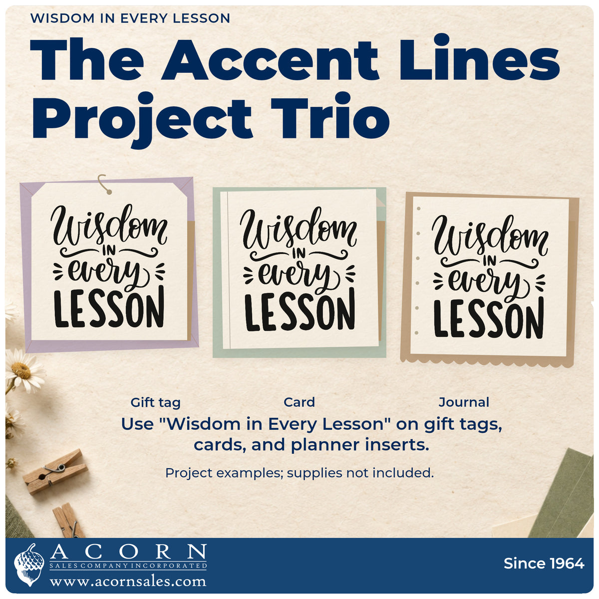 Three project examples made with the Wisdom In Every Lesson Premium Wooden Stamp – Vintage Pro, including resource tub labels.