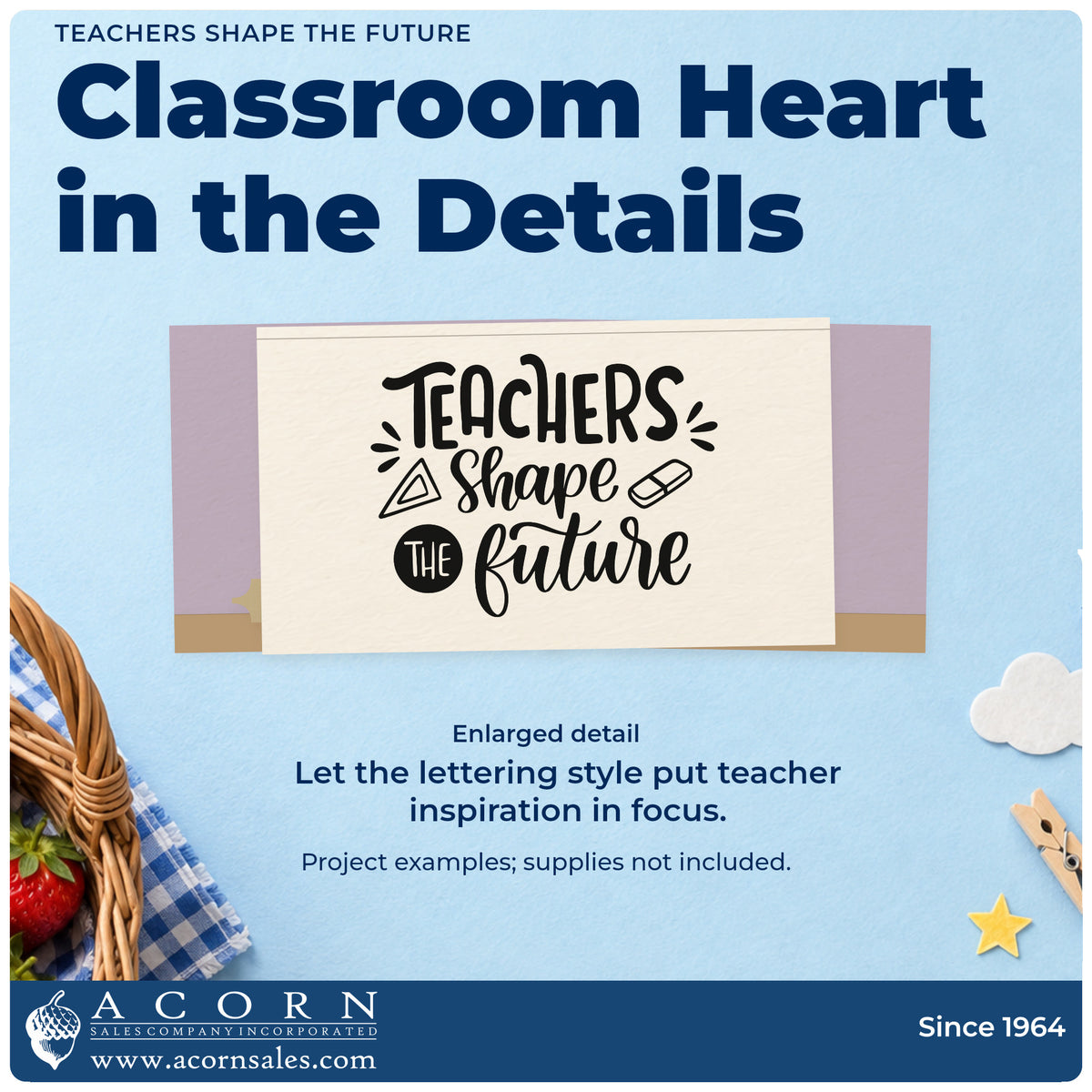 Enlarged detail of the Teachers Shape The Future Hand Stamp – Duo imprint. “Teachers Shape the Future” appears with a triangular ruler and an eraser.