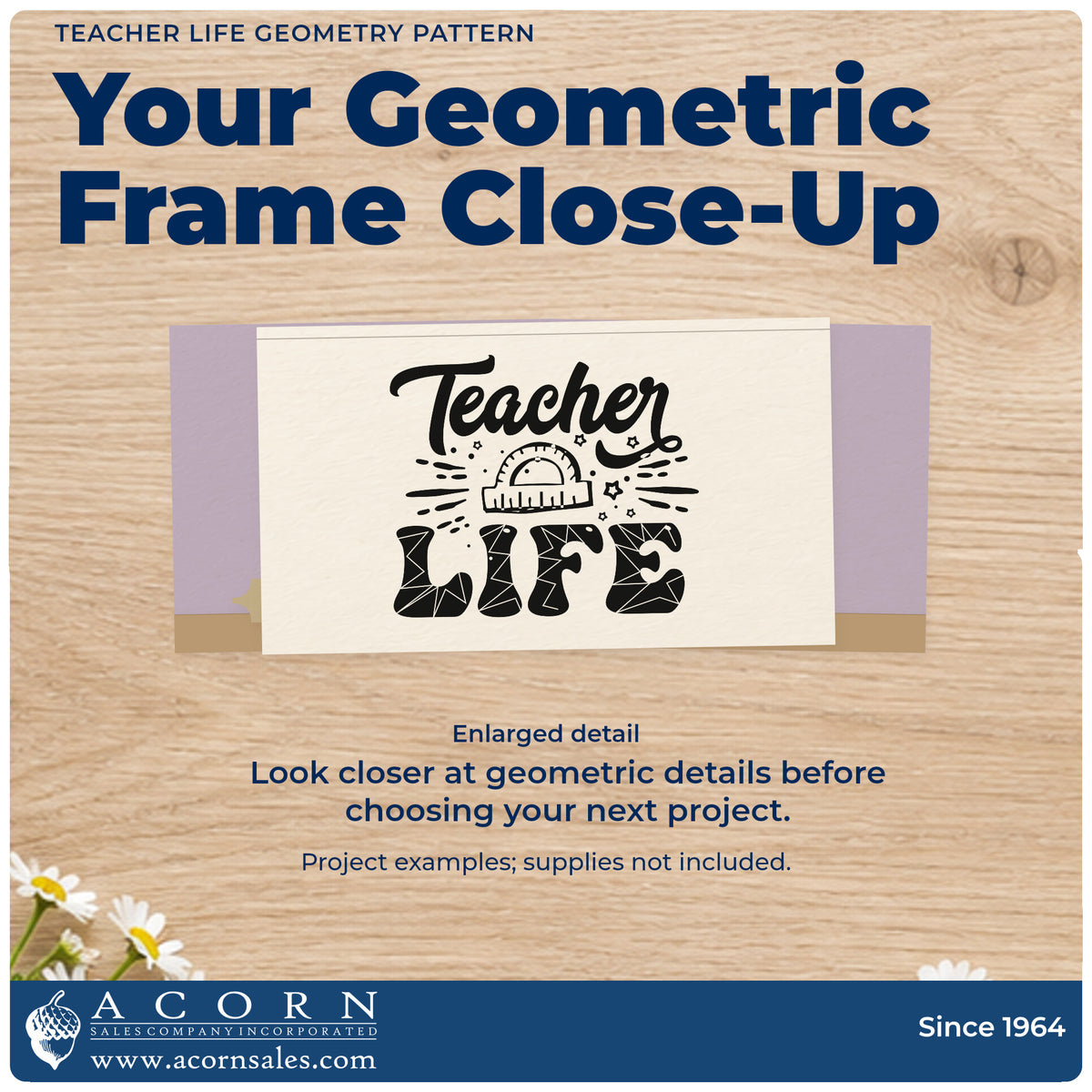 Enlarged detail of the Teacher Life Geometry Pattern With Stars Rubber Stamp – Wood Handle imprint. “Teacher Life” appears with a protractor, small stars, and geometric patterned letters.