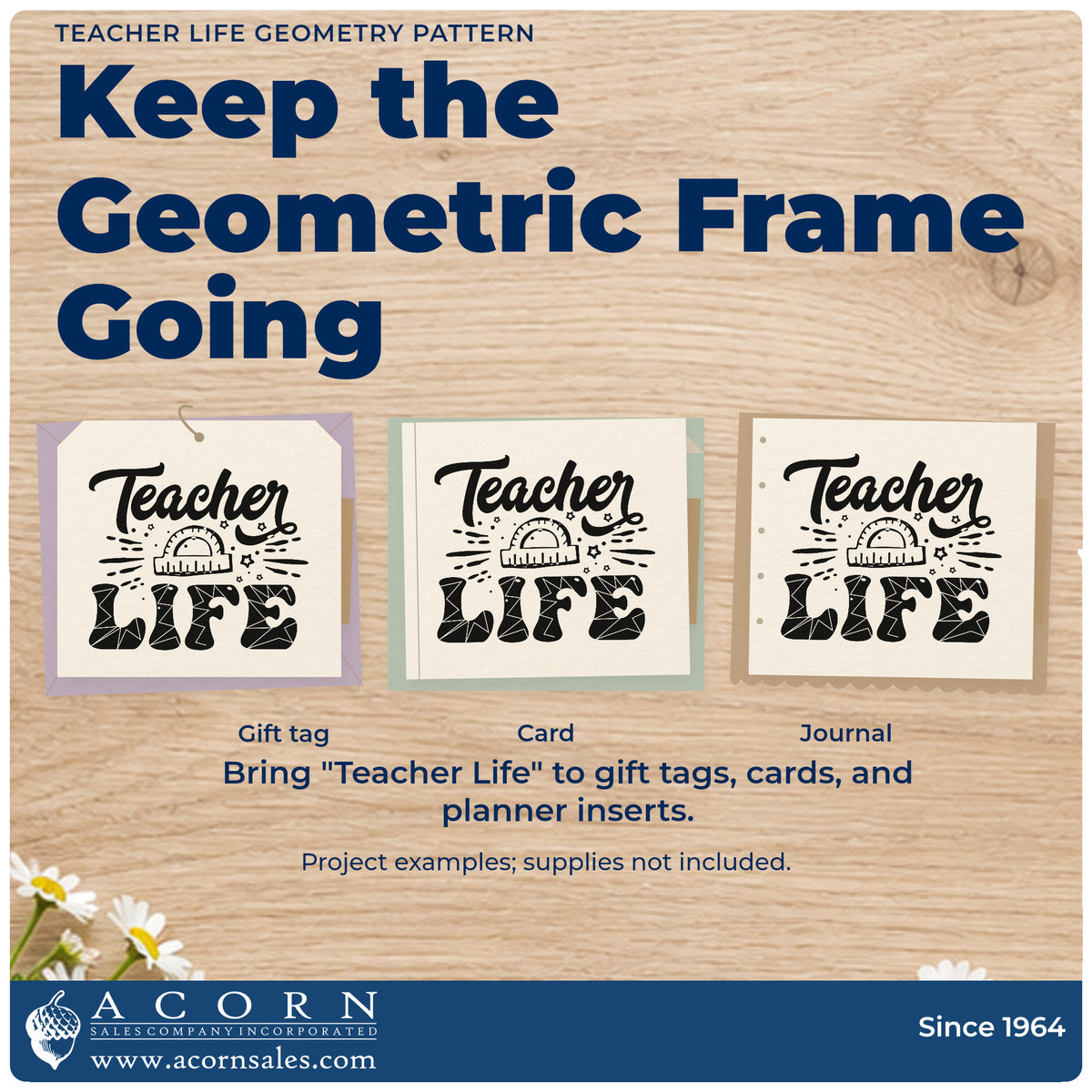 Three project examples made with the Teacher Life Geometry Pattern With Stars Craft Stamp – Self-Inking, including shape tray labels.