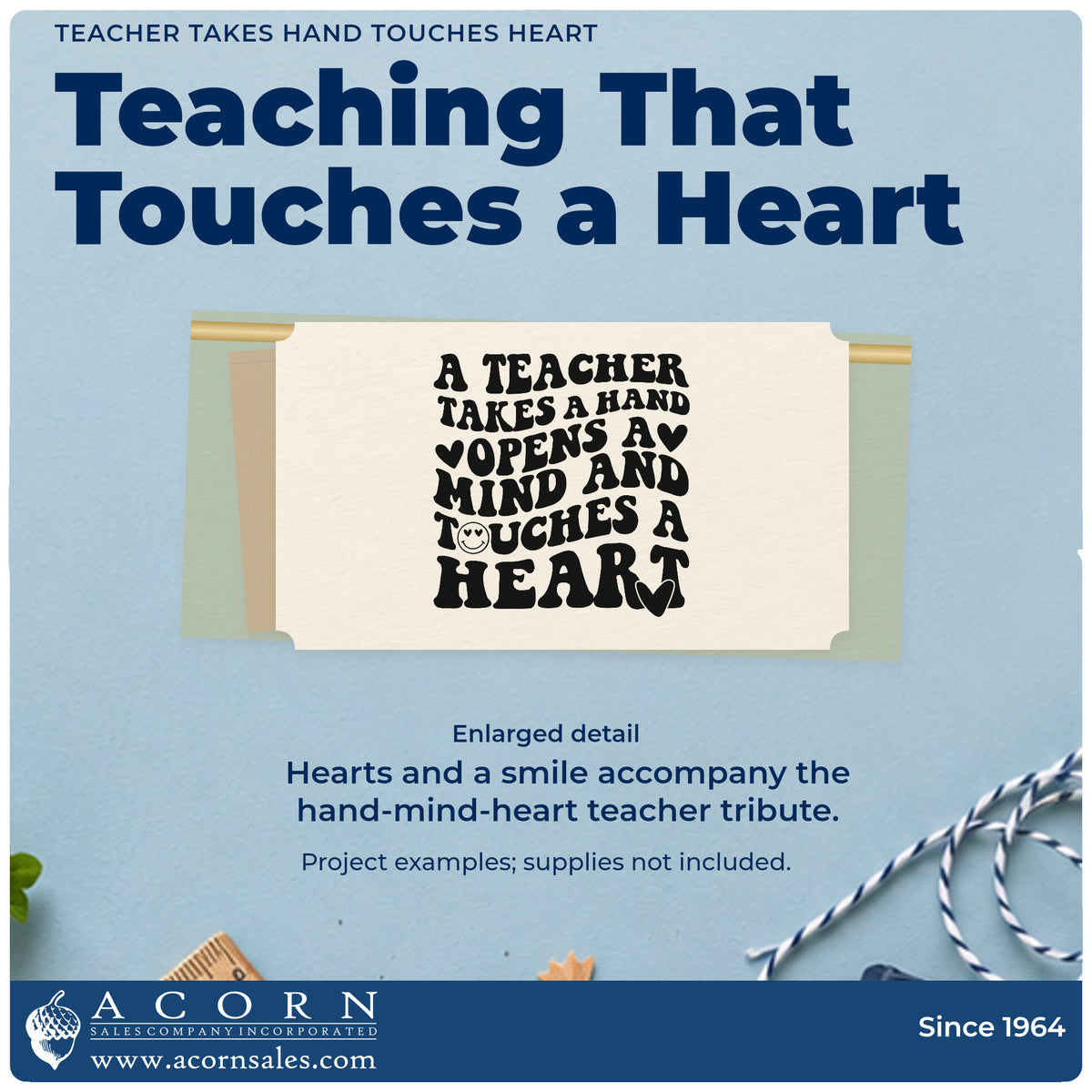 Enlarged detail of the PSI Pre-Inked Teacher Takes Hand Touches Heart Smiley Face Stamp imprint. “A Teacher Takes a Hand Opens a Mind and Touches a Heart” is accented with hearts and a smiley.