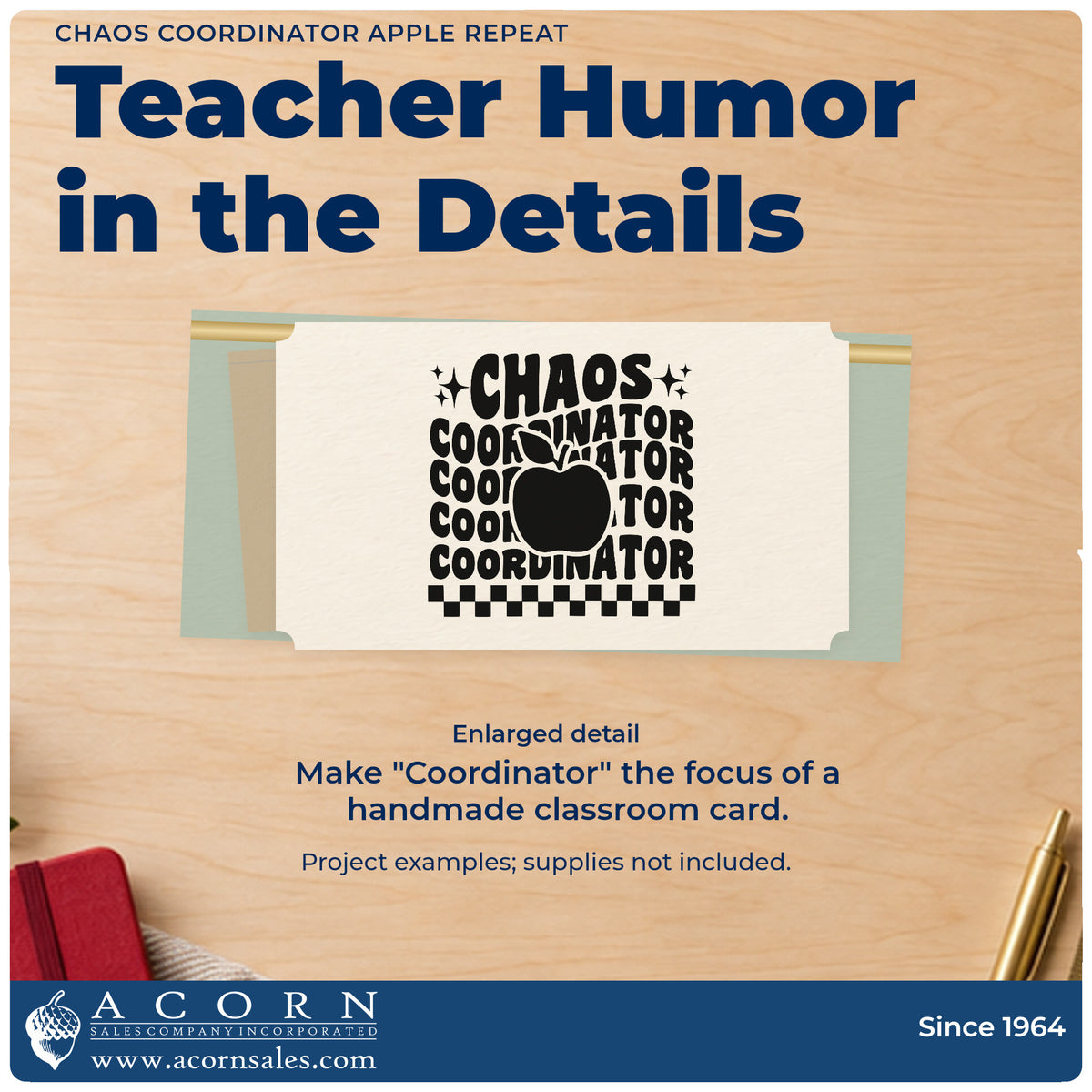 Enlarged detail of the Chaos Coordinator Apple Repeat Lettering PSI Pre-Inked Stamp imprint. Repeated “Coordinator” lettering sits below “Chaos,” behind an apple and above a checkerboard border.