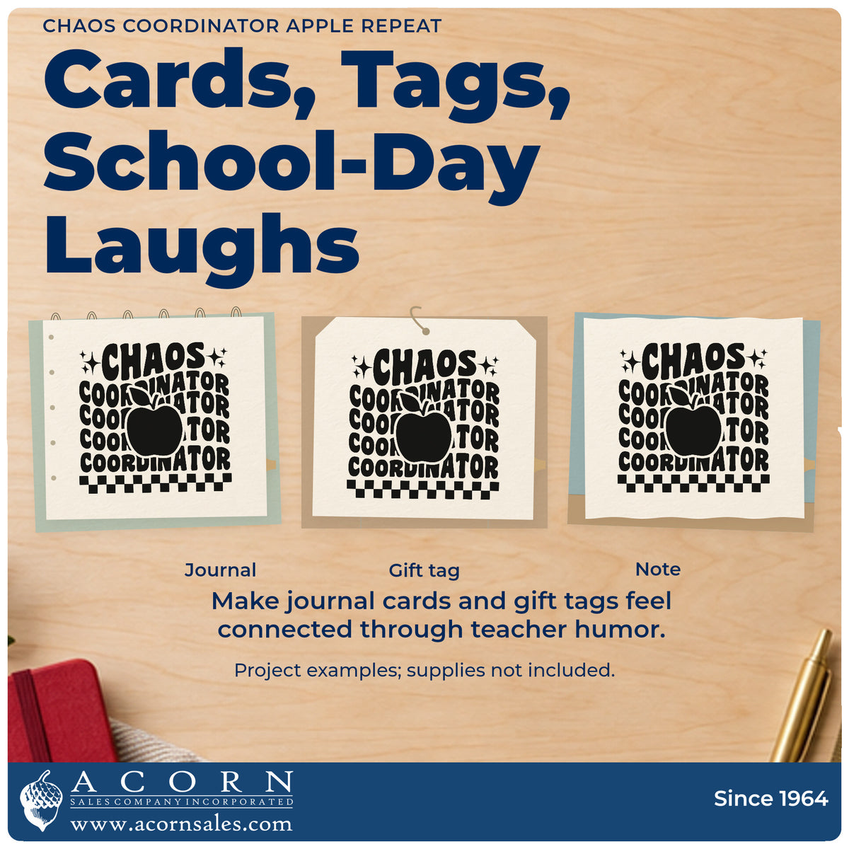 Three project examples made with the Chaos Coordinator Apple Repeat Lettering PSI Pre-Inked Stamp, including trolley bin labels.