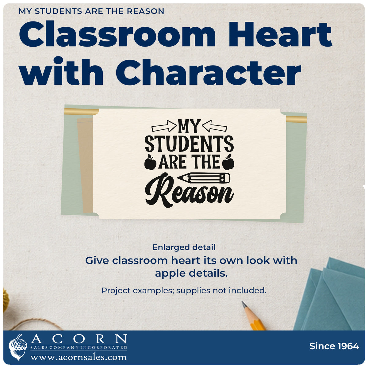 Enlarged detail of the Self-Inking My Students Are The Reason Apple Motif Stamp imprint. “My Students Are the Reason” appears with arrows, apples, and a pencil.