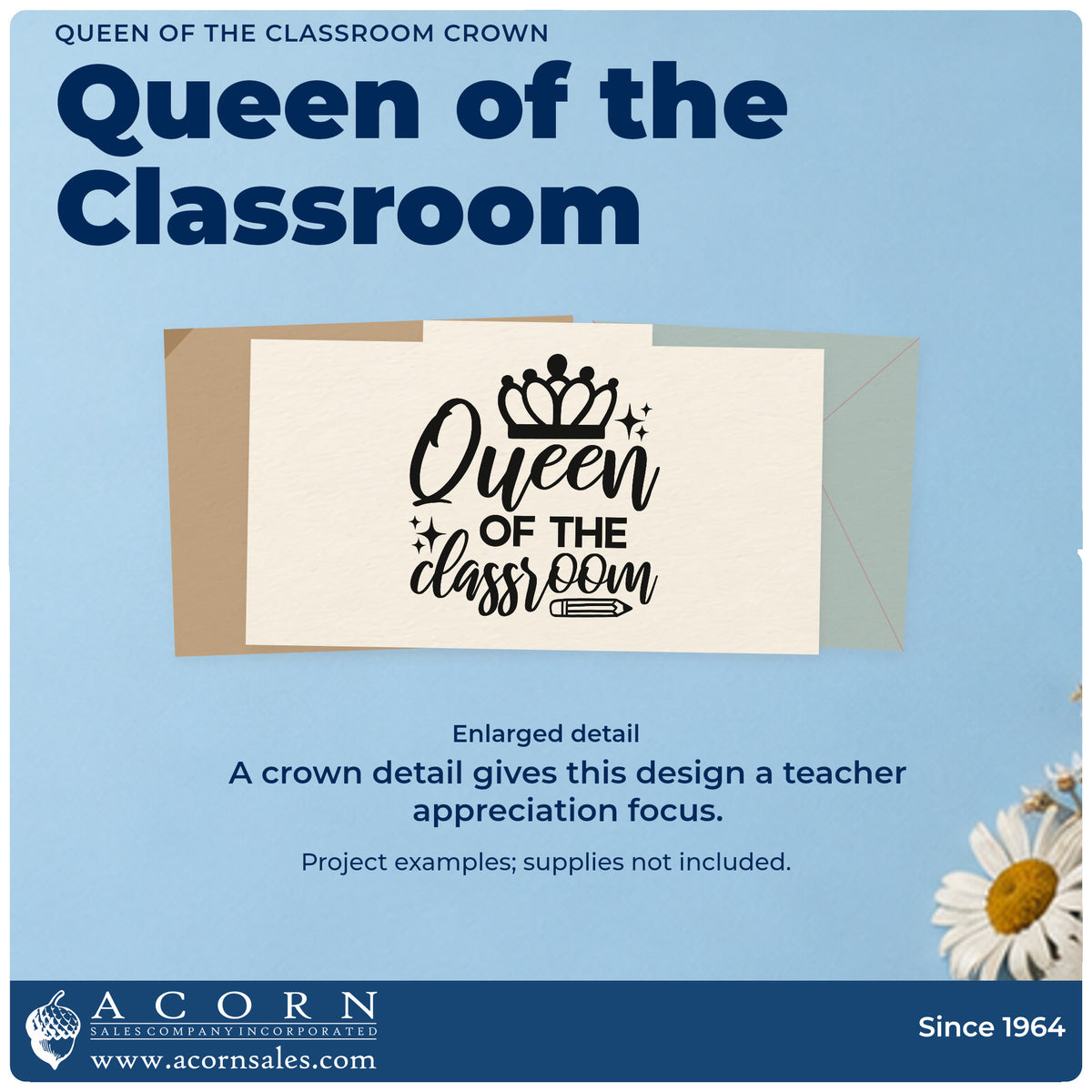 Enlarged detail of the Queen Of The Classroom Crown Self-Inking Stamp imprint. “Queen of the Classroom” is topped with a crown and accented with sparkles and a pencil.