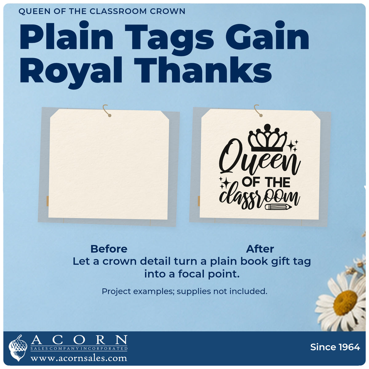 Before and after of a plain item finished with the Queen Of The Classroom Crown Stamp – PSI Pre-Inked, a quick upgrade for royal fold seals.