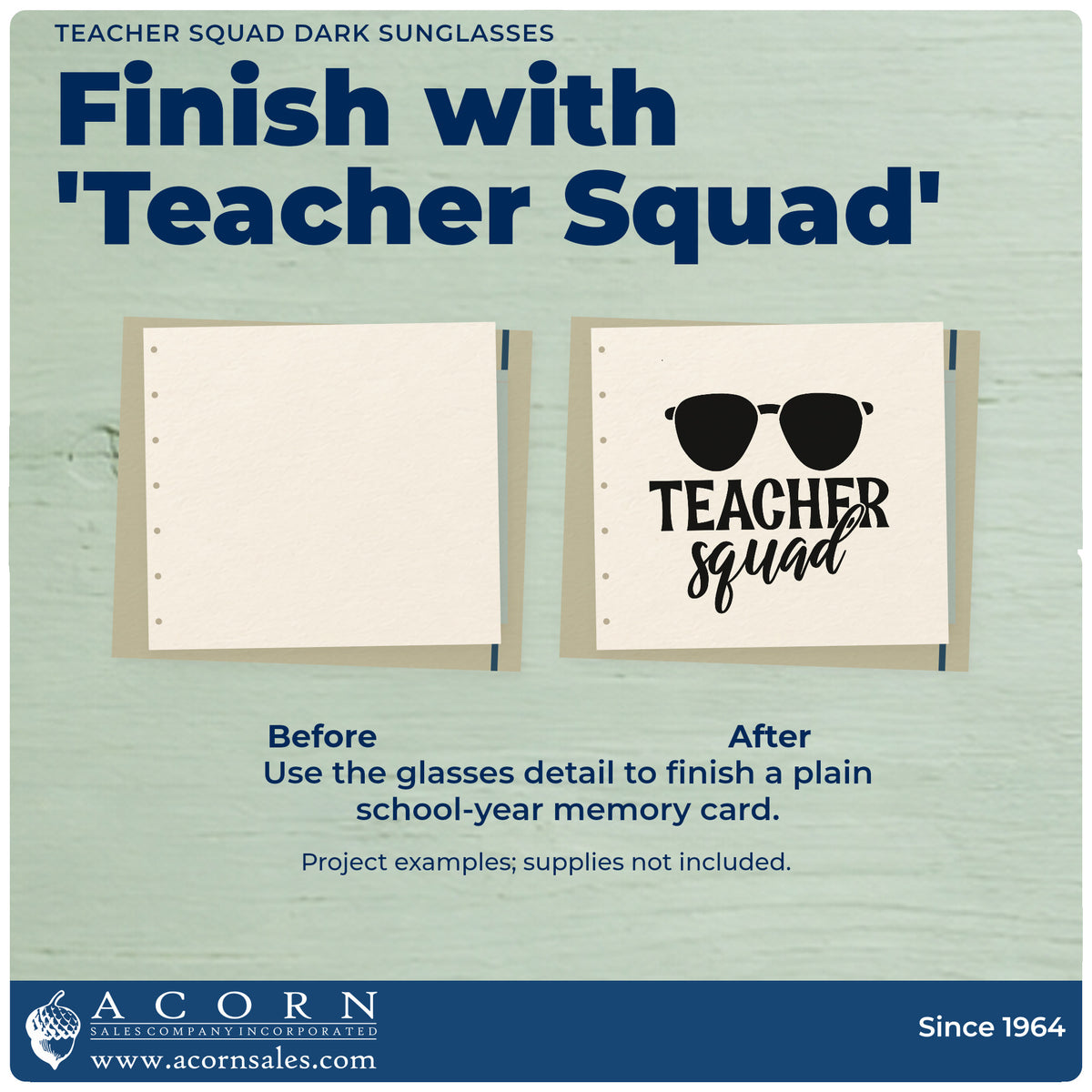 Before and after of a plain item finished with the Teacher Squad Solid Sunglasses Rubber Stamp – Wood Handle, a quick upgrade for booking pack seals.