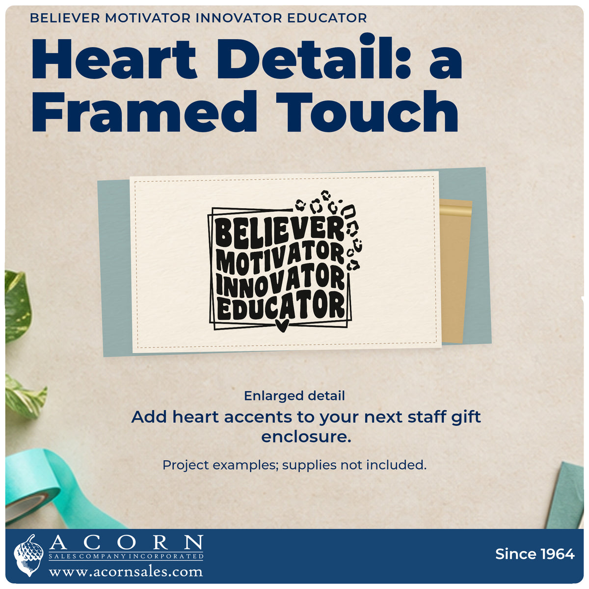 Enlarged detail of the Believer Motivator Innovator Educator With Hearts Hand Stamp – Duo imprint. “Believer Motivator Innovator Educator” sits in a sketched frame with a heart and animal-print spots.